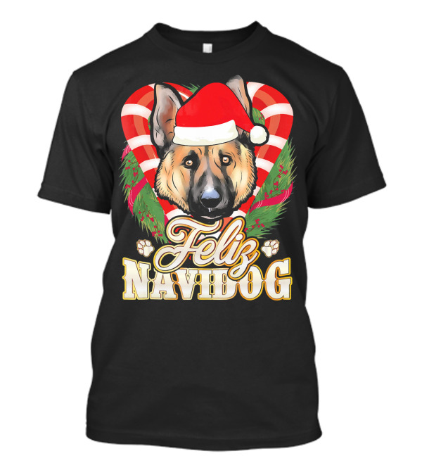 Feliz Navidog German Shepherd Santa Hat Christmas Wreath T-Shirt