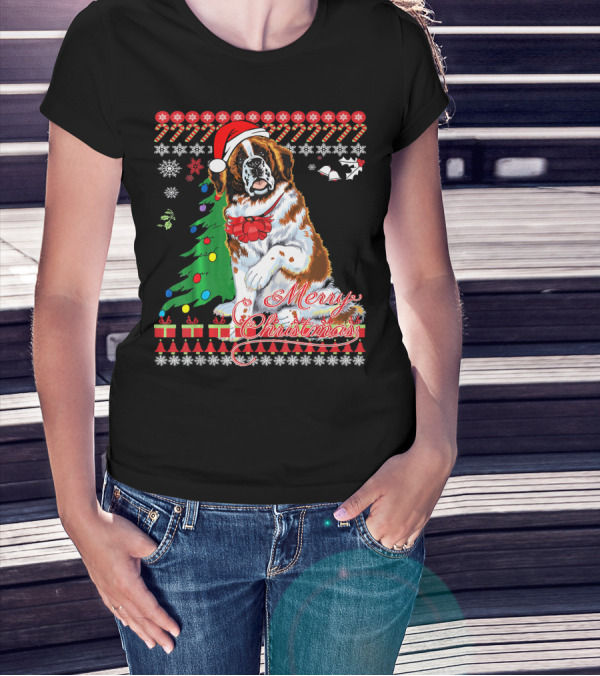 Merry Christmas Saint Bernard Dog Ugly Christmas T-Shirt