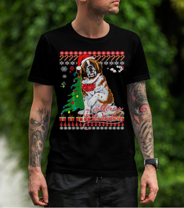 Merry Christmas Saint Bernard Dog Ugly Christmas T-Shirt