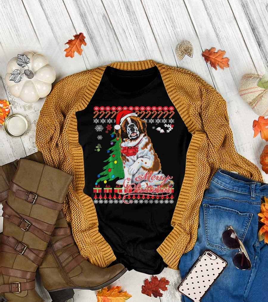 Merry Christmas Saint Bernard Dog Ugly Christmas T-Shirt