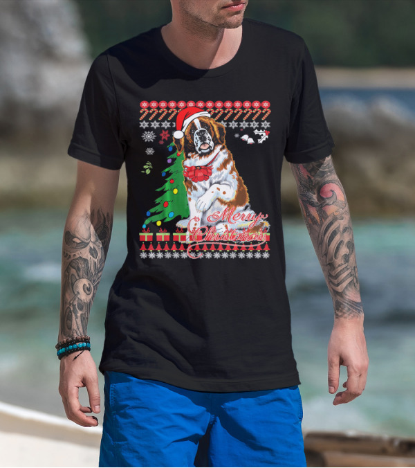 Merry Christmas Saint Bernard Dog Ugly Christmas T-Shirt