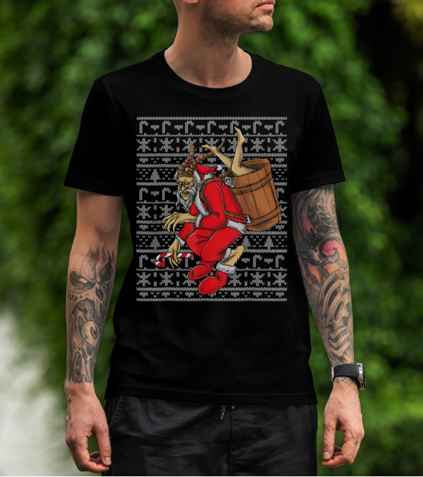 Krampus Ugly Christmas Sweater-Style Santa With Barrel And Candy Cane T-Shirt
