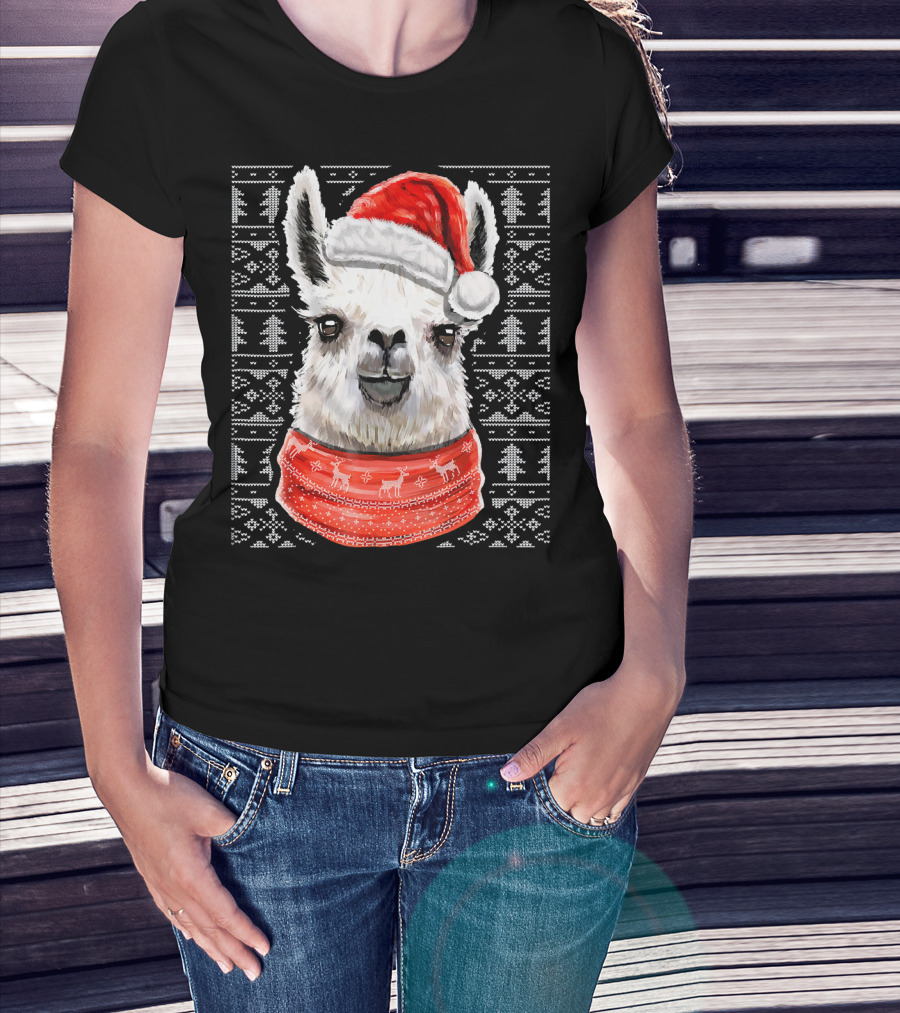Ugly Christmas Llama Sweater With Santa Hat Festive T-Shirt