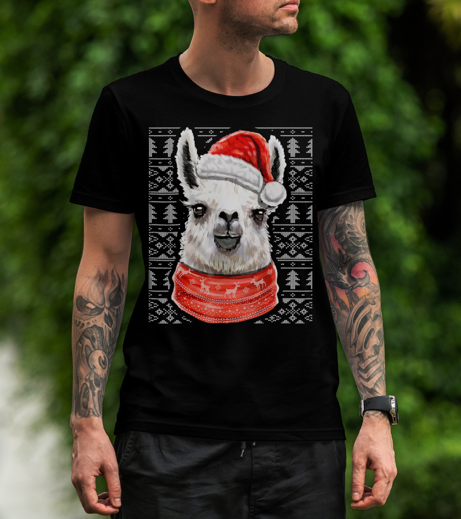 Ugly Christmas Llama Sweater With Santa Hat Festive T-Shirt