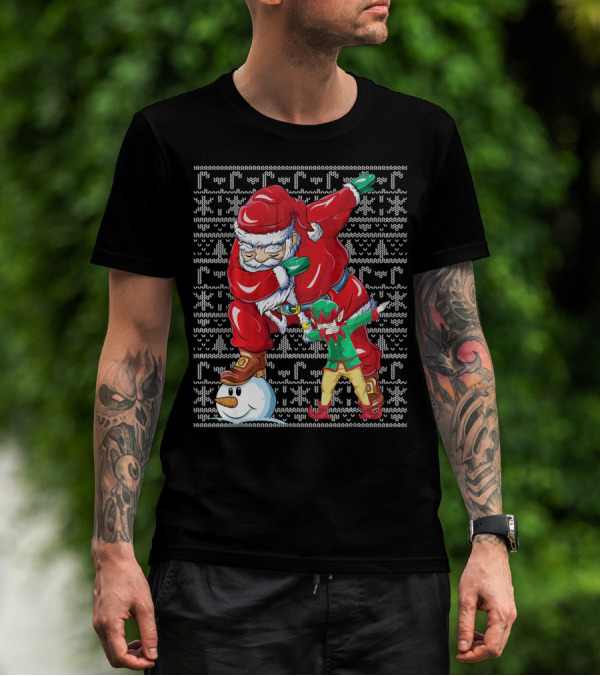 Christmas Dabbing Santa Elf With Snowman Head T-Shirt