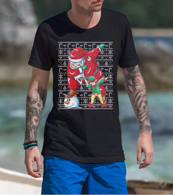 Christmas Dabbing Santa Elf With Snowman Head T-Shirt