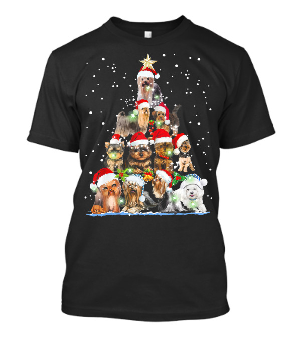 Yorkie Christmas Tree Santa Hats Dogs Snowflakes T-Shirt
