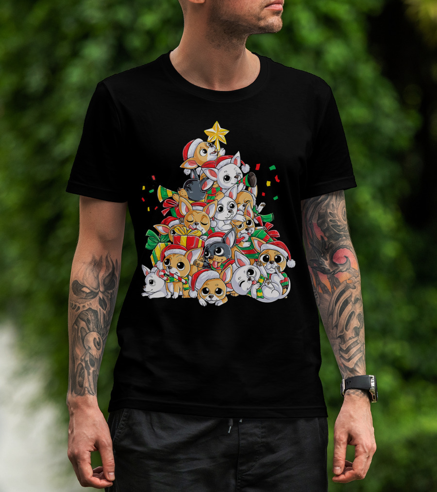 Chihuahua Christmas Tree Festive Dogs With Santa Hats And Presents T-Shirt