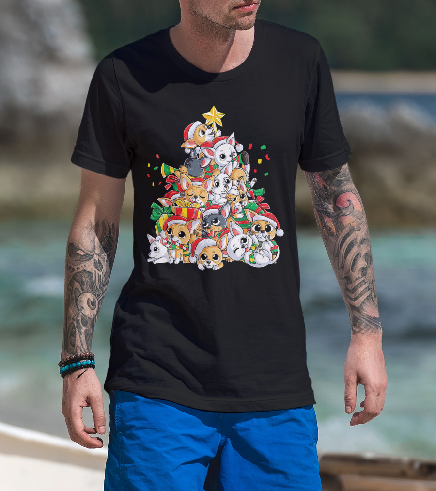 Chihuahua Christmas Tree Festive Dogs With Santa Hats And Presents T-Shirt