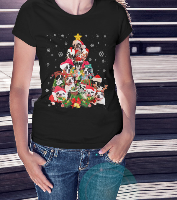 Boston Terriers Christmas Tree Snowflakes And Santa Hats T-Shirt