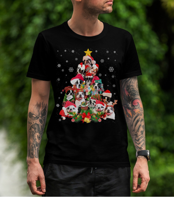 Boston Terriers Christmas Tree Snowflakes And Santa Hats T-Shirt