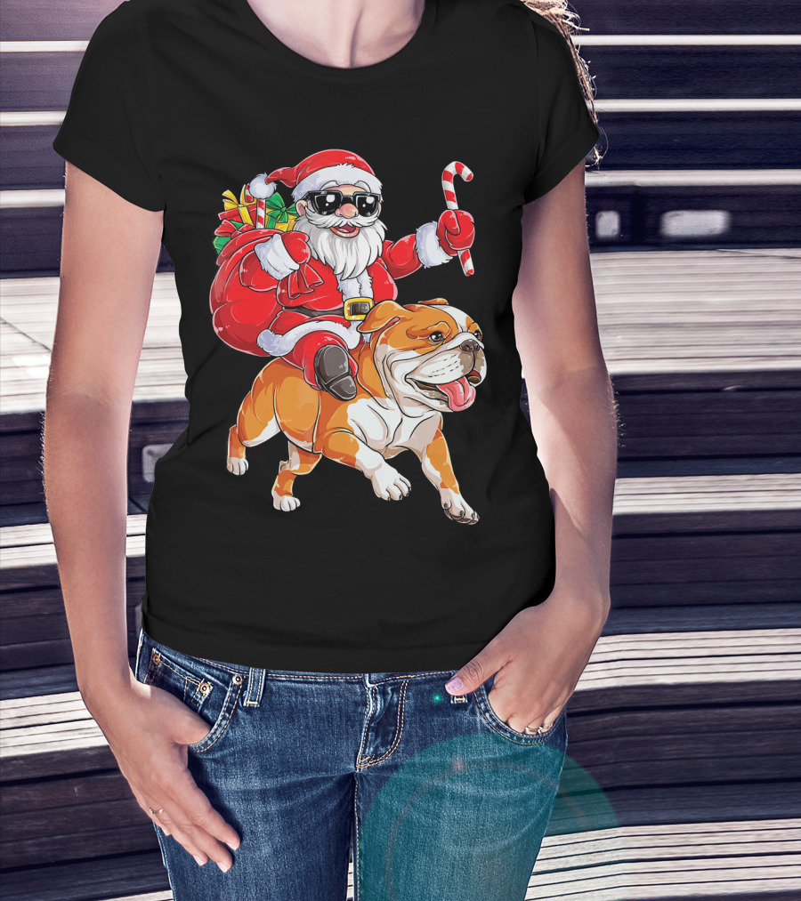 Santa Riding English Bulldog Christmas College Holiday T-Shirt