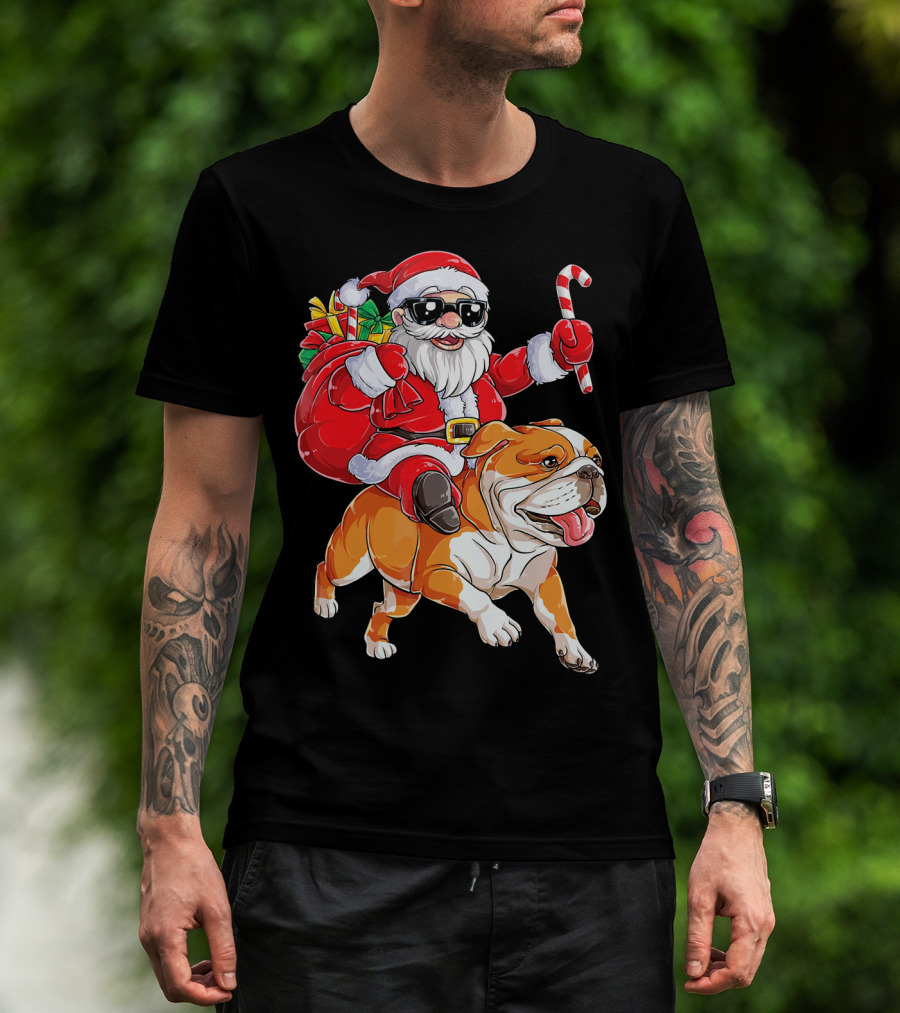 Santa Riding English Bulldog Christmas College Holiday T-Shirt