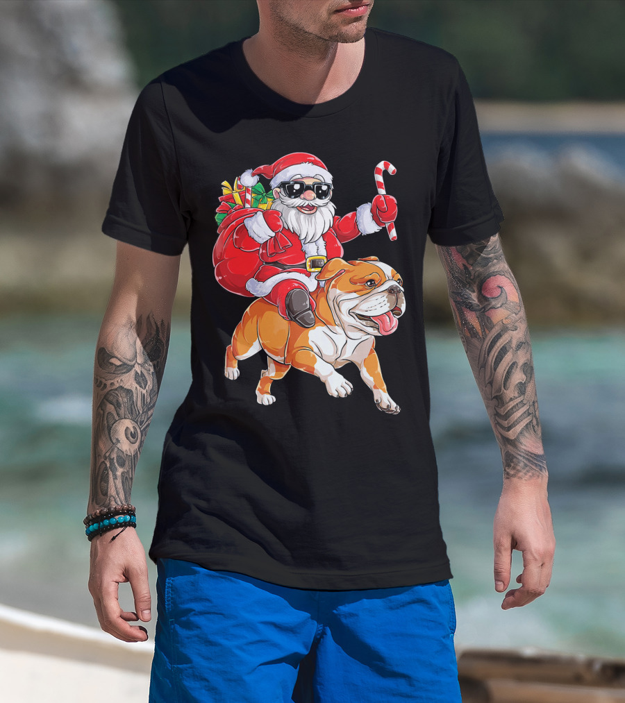 Santa Riding English Bulldog Christmas College Holiday T-Shirt