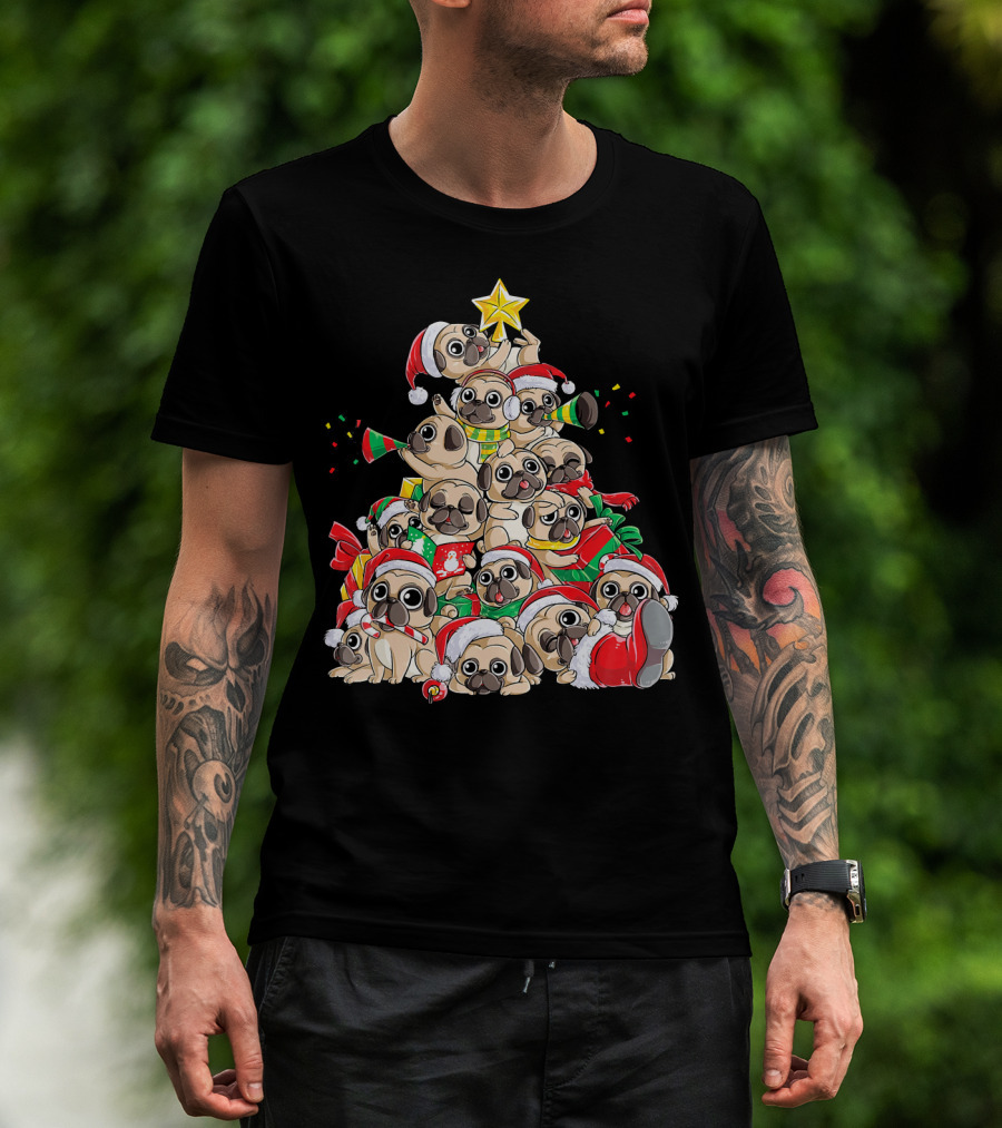 Merry Pugmas Christmas Tree With Pugs In Santa Hats T-Shirt