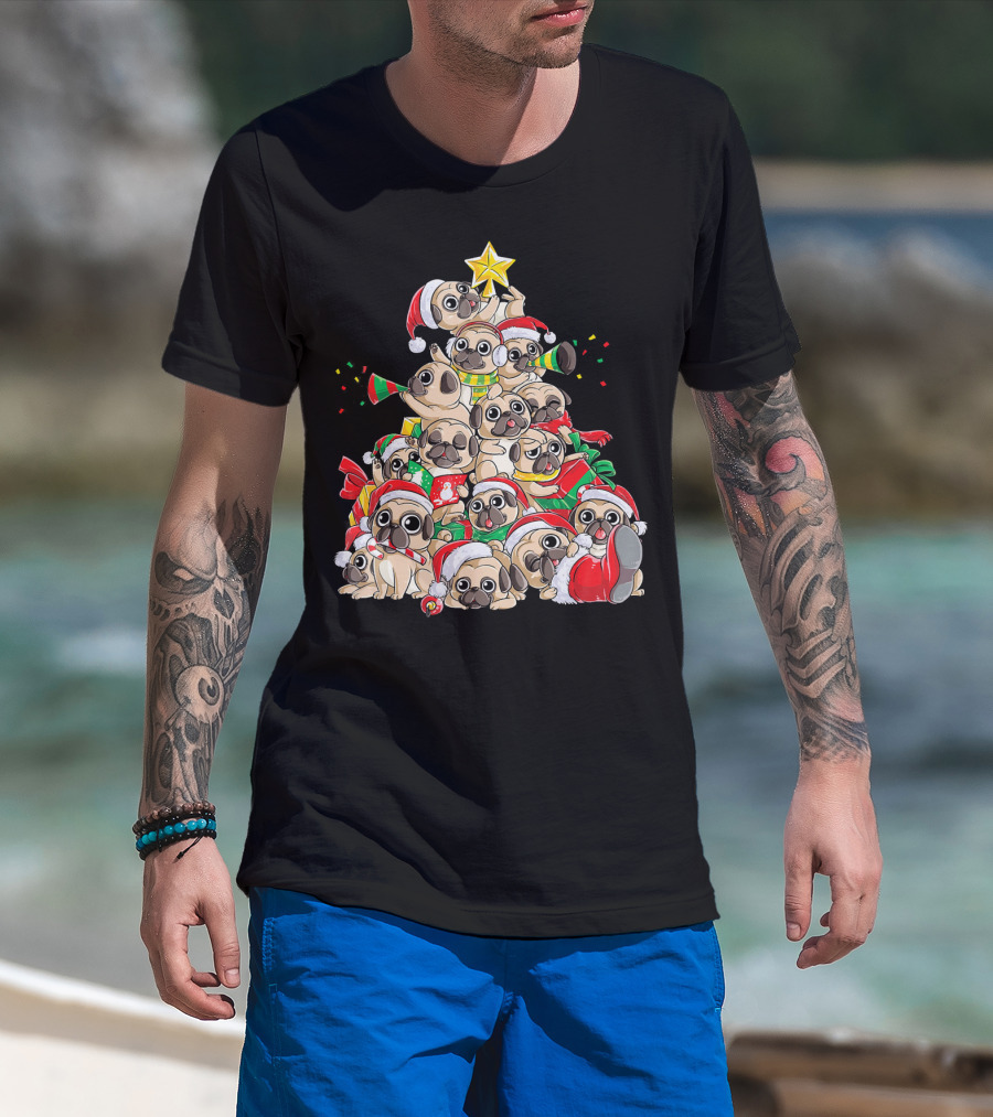 Merry Pugmas Christmas Tree With Pugs In Santa Hats T-Shirt