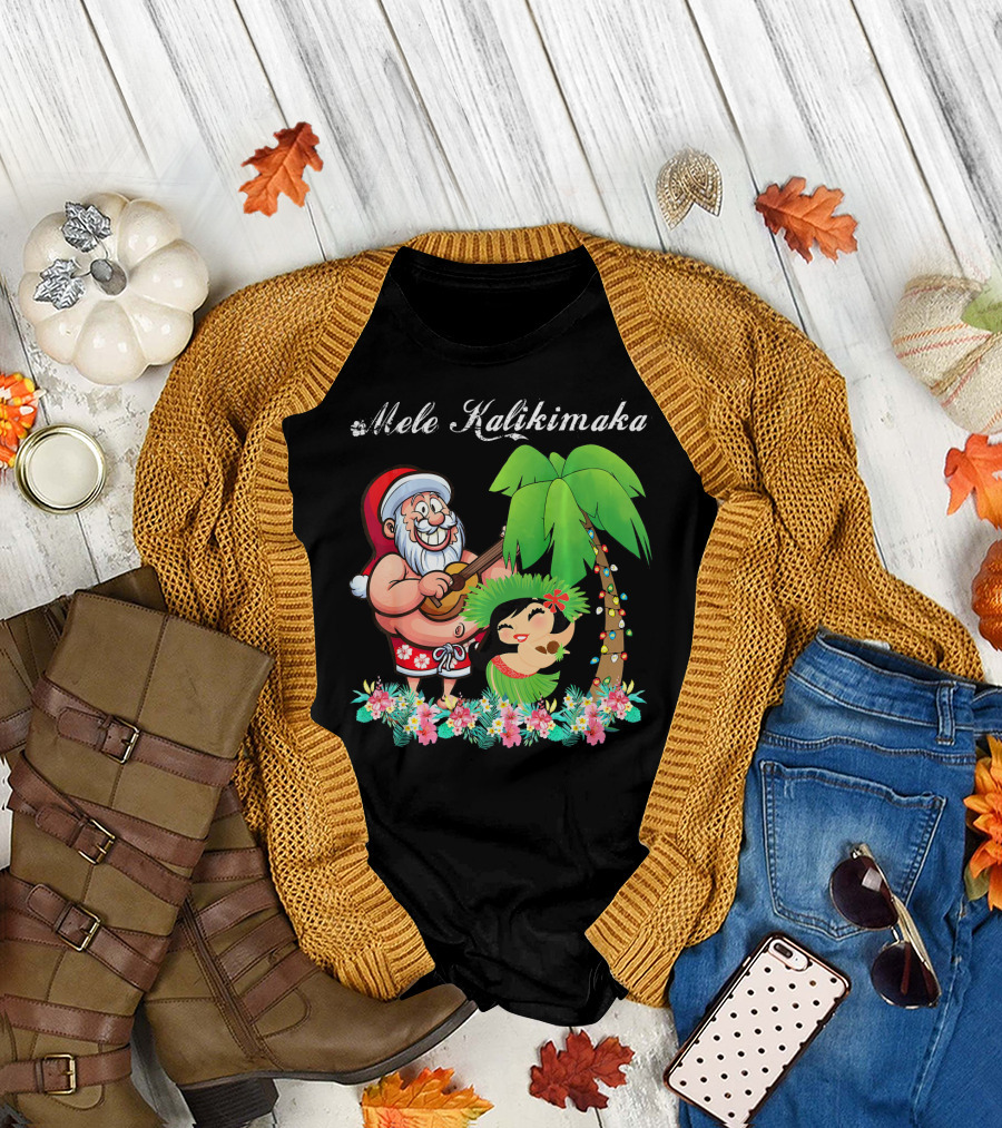 Mele Kalikimaka Christmas Santa Hawaii with Hula Dancer and Palm Tree T-Shirt