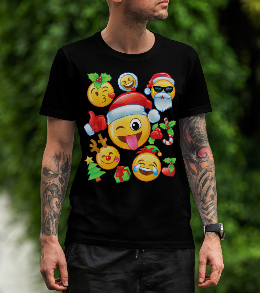 Santa Emoji Christmas Fun With Reindeer Candy Cane Gifts And Holly T-Shirt