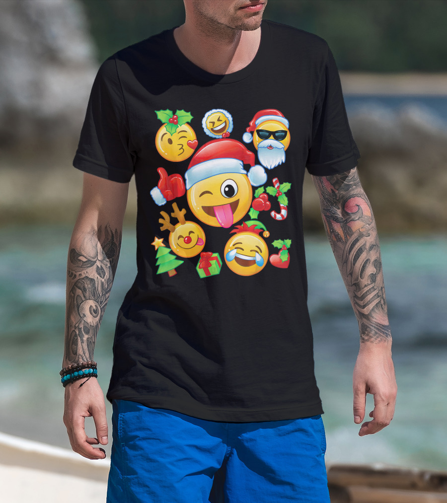 Santa Emoji Christmas Fun With Reindeer Candy Cane Gifts And Holly T-Shirt