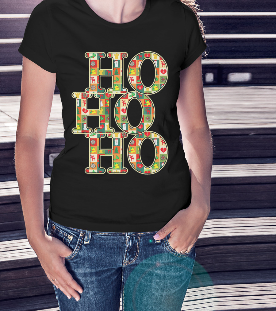 HoHoHo Funny Christmas Santa Patchwork Reindeer Snowman Ornaments T-Shirt