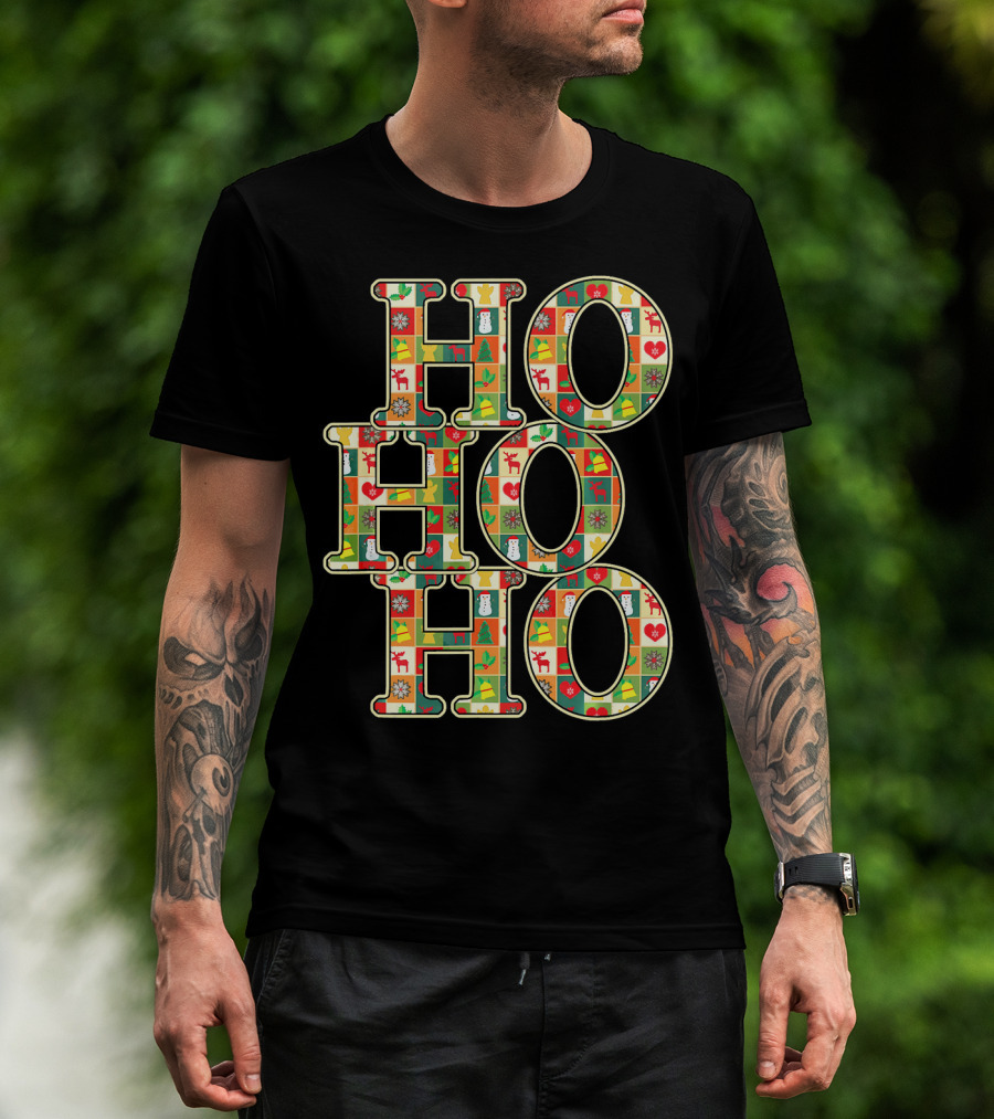 HoHoHo Funny Christmas Santa Patchwork Reindeer Snowman Ornaments T-Shirt