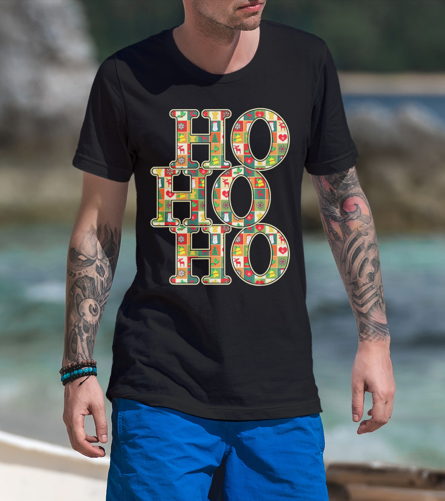 HoHoHo Funny Christmas Santa Patchwork Reindeer Snowman Ornaments T-Shirt