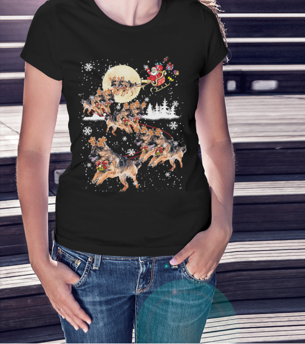 Santa Sleigh German Shepherd Reindeer Christmas Snowflakes Moon T-Shirt