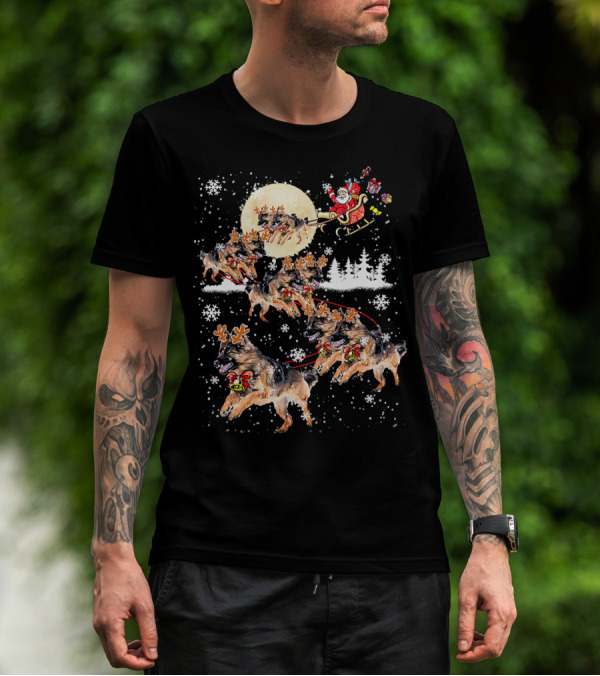 Santa Sleigh German Shepherd Reindeer Christmas Snowflakes Moon T-Shirt