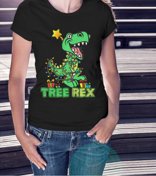 Tree Rex Dinosaur Wrapped In Christmas Lights With Presents And Star T-Shirt