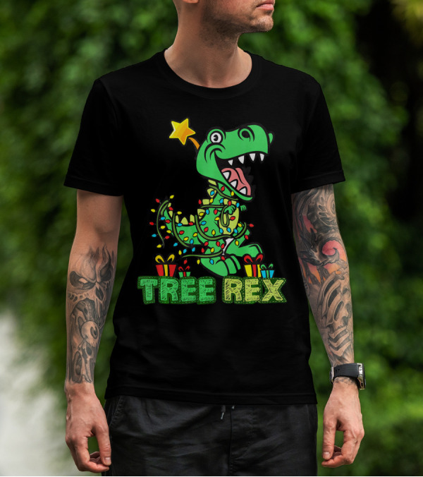Tree Rex Dinosaur Wrapped In Christmas Lights With Presents And Star T-Shirt