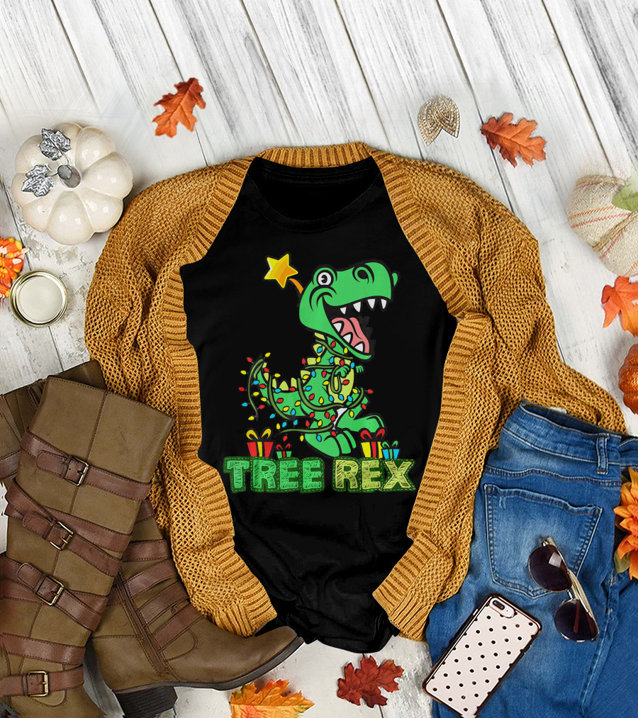 Tree Rex Dinosaur Wrapped in Christmas Lights with Presents and Star T-Shirt