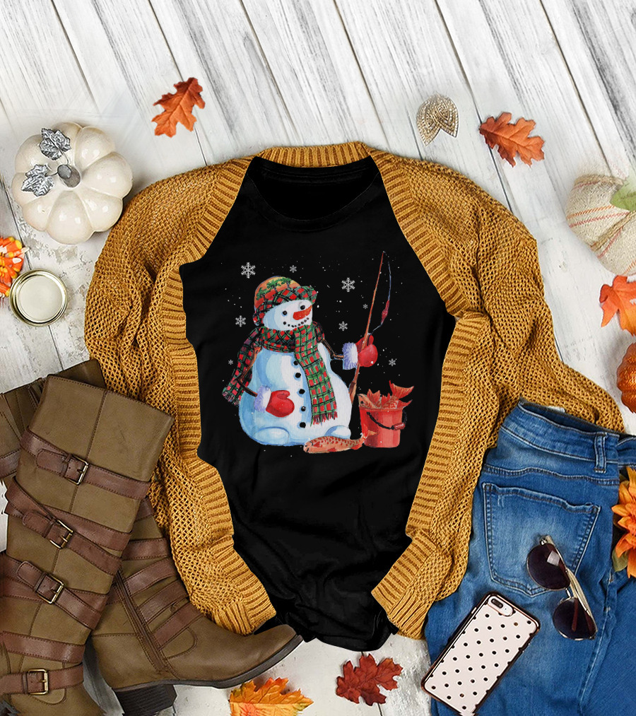 Merry Christmas Snowman Fishing with Fish and Snowflakes T-Shirt