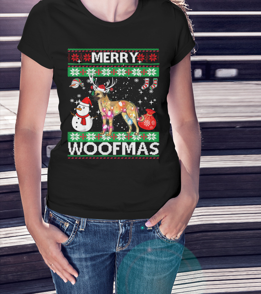 Merry Woofmas Anatolian Shepherd Reindeer Lights Holiday Sweater Snowman Stockings T-Shirt