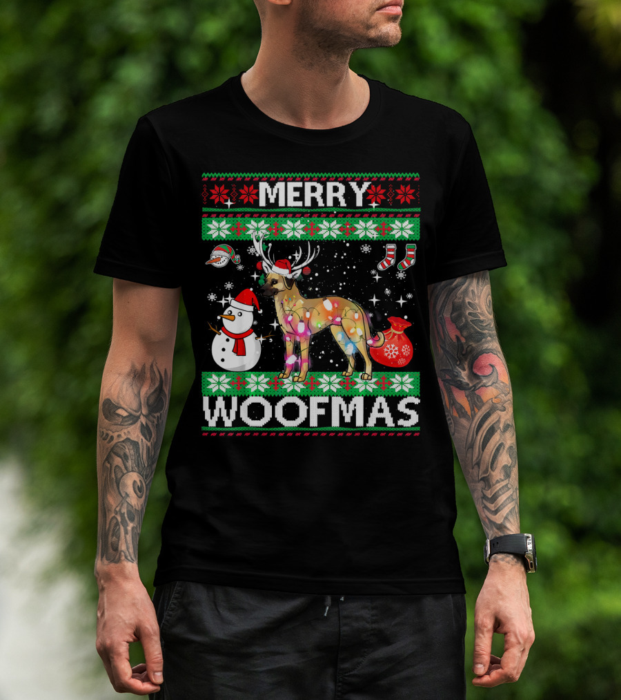 Merry Woofmas Anatolian Shepherd Reindeer Lights Holiday Sweater Snowman Stockings T-Shirt