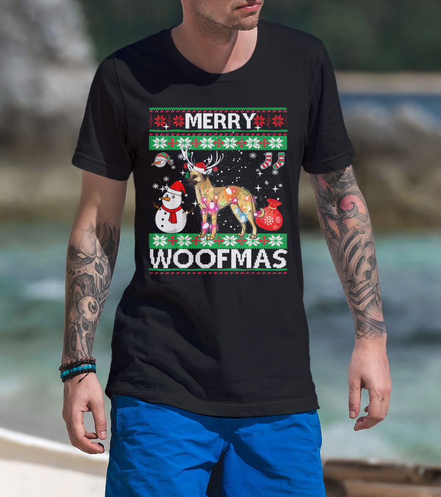 Merry Woofmas Anatolian Shepherd Reindeer Lights Holiday Sweater Snowman Stockings T-Shirt