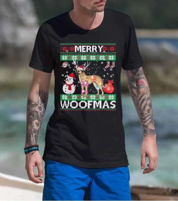 Merry Woofmas Anatolian Shepherd Reindeer Lights Holiday Sweater Snowman Stockings T-Shirt