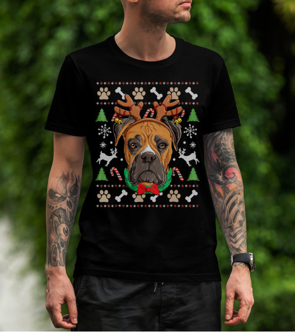 Boxer Ugly Christmas Reindeer Antlers Candy Canes Snowflakes Green Trees T-Shirt