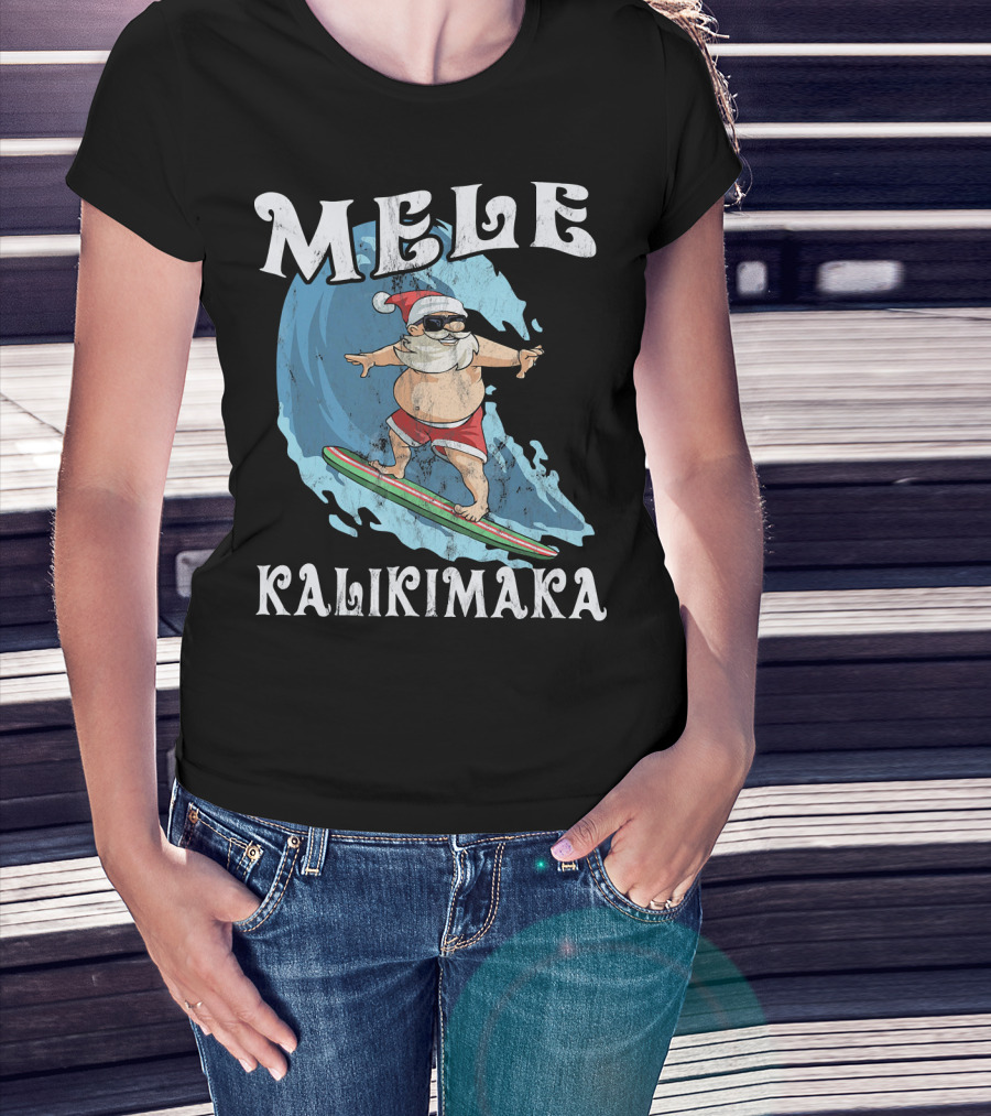 Mele Kalikimaka Funny Santa Surfing Wave T-Shirt
