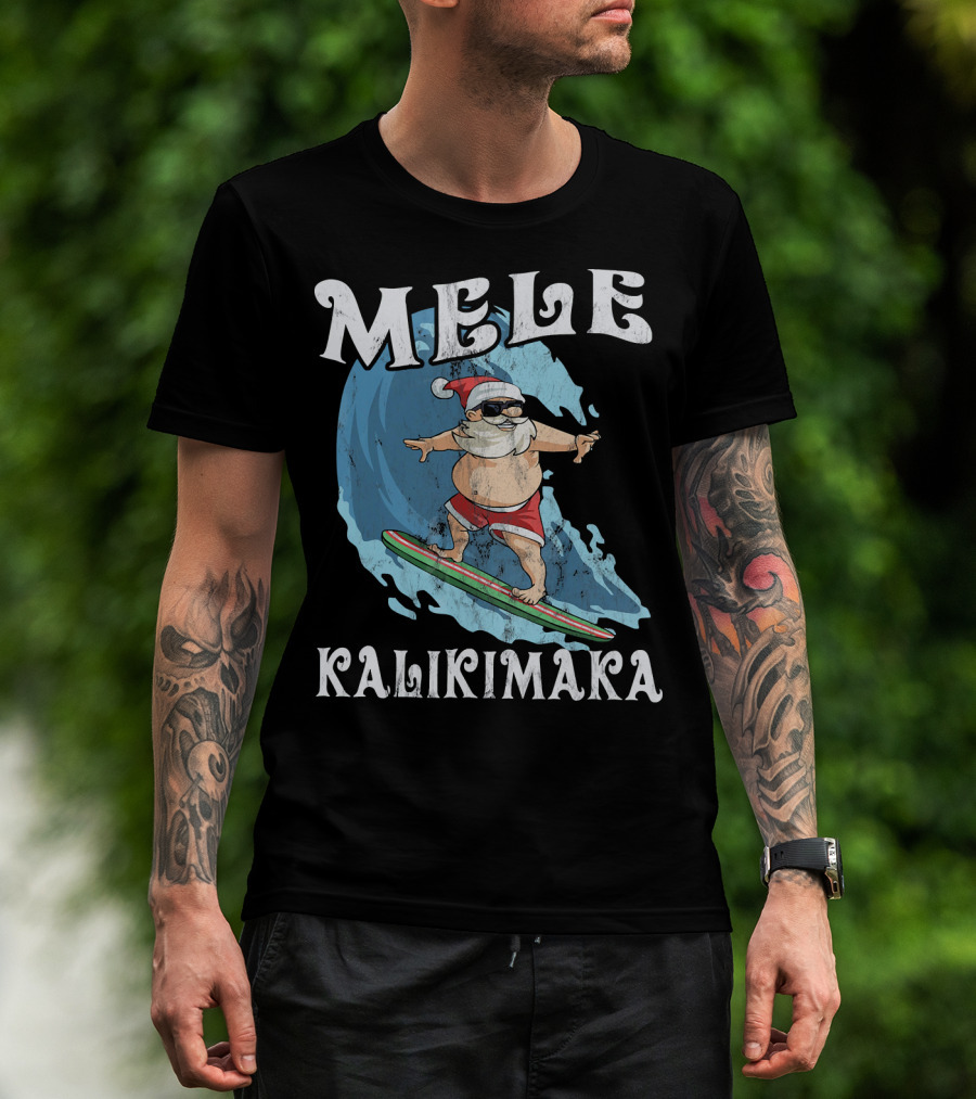 Mele Kalikimaka Funny Santa Surfing Wave T-Shirt