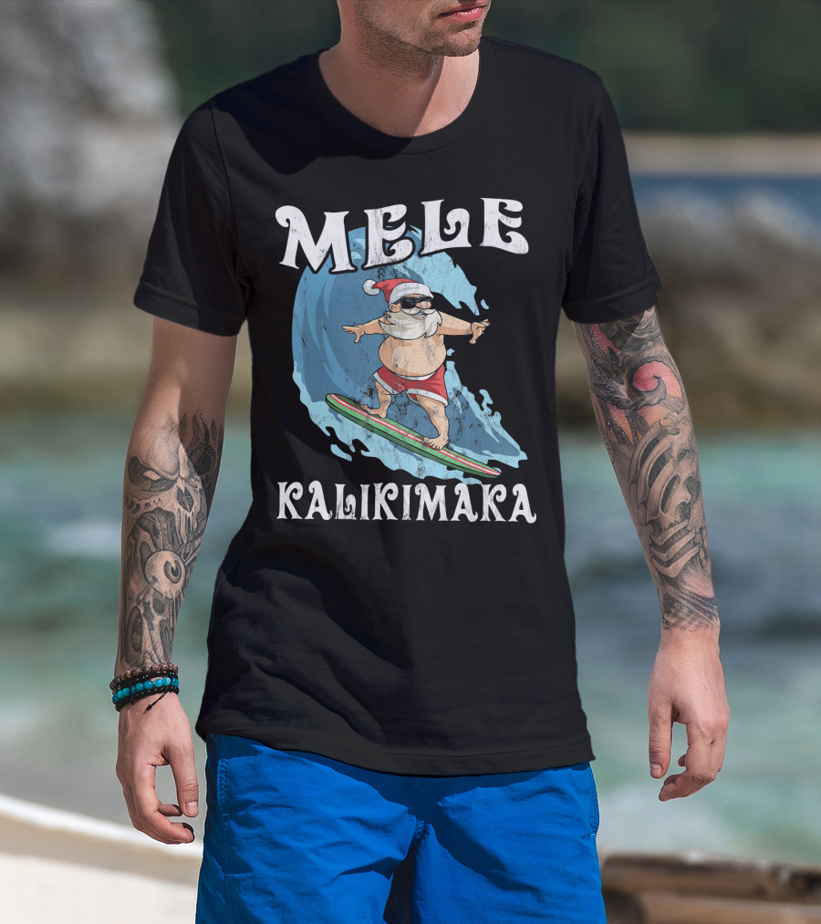 Mele Kalikimaka Funny Santa Surfing Wave T-Shirt