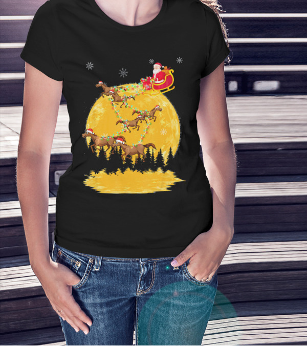 Santa Claus On Sleigh With Horses And Christmas Moon T-Shirt