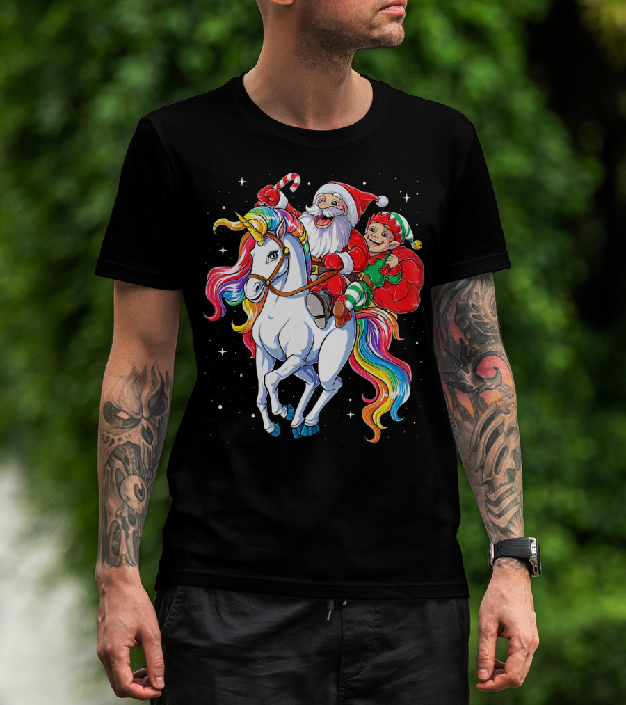 Santa And Elf Riding Rainbow Unicorn Christmas Magic T-Shirt