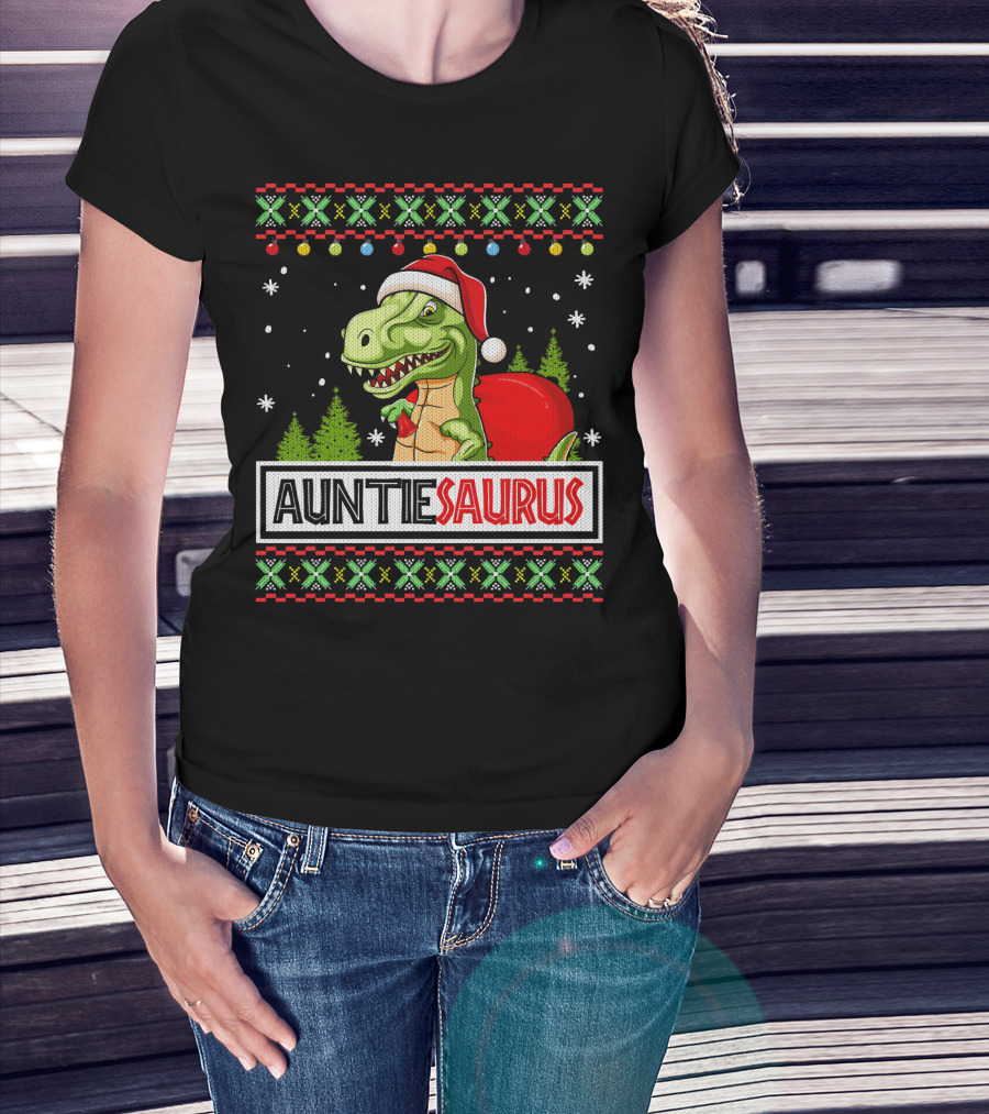 Auntiesaurus Funny Auntie Dinosaur Christmas Sweater T-Rex Santa Hat T-Shirt