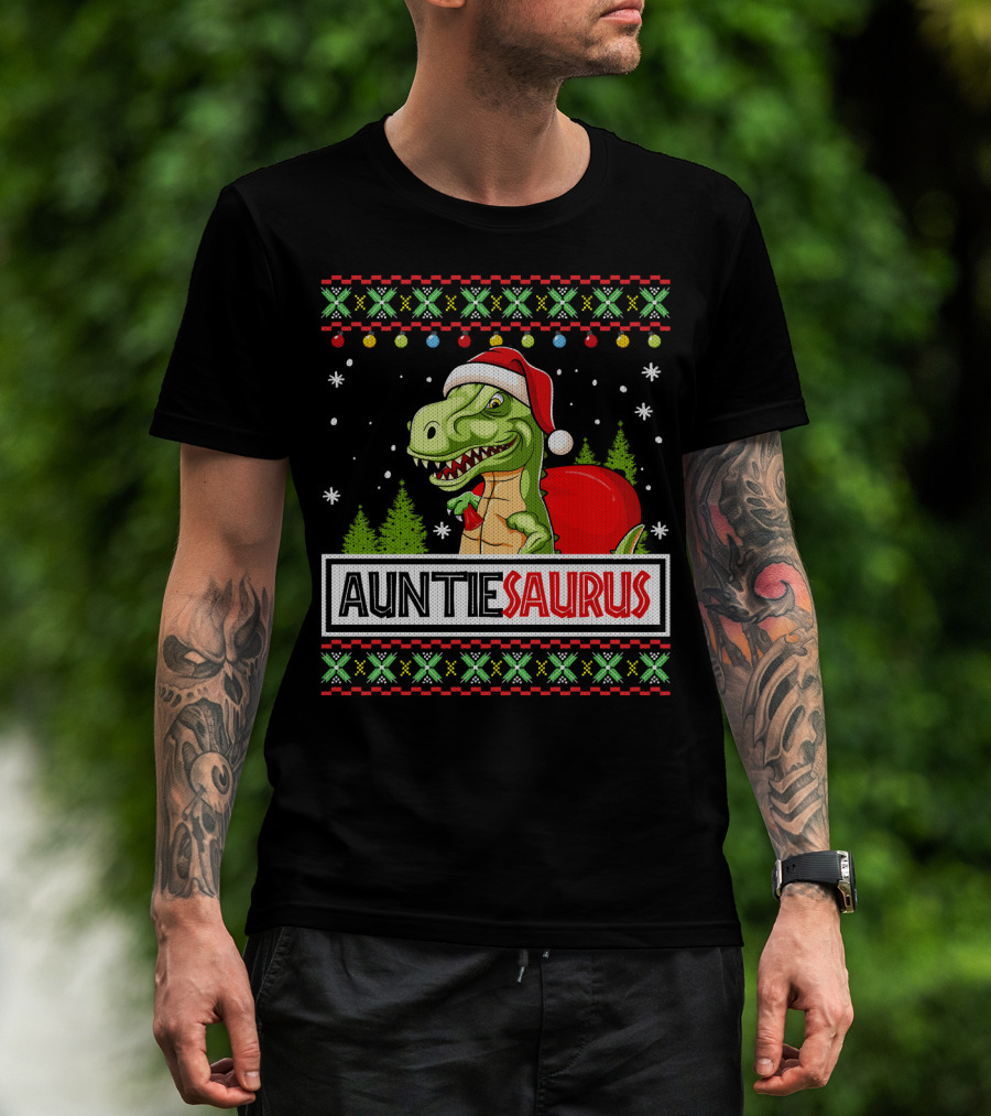 Auntiesaurus Funny Auntie Dinosaur Christmas Sweater T-Rex Santa Hat T-Shirt