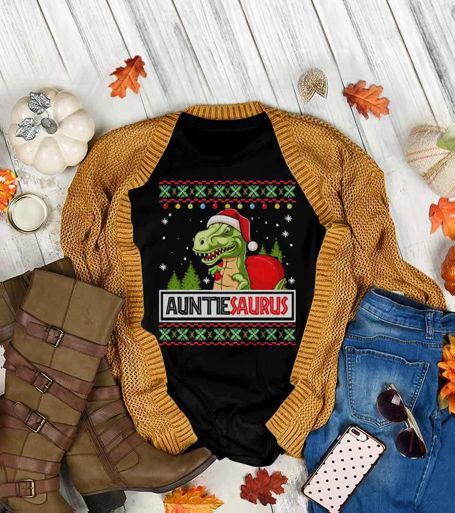 Auntiesaurus Funny Auntie Dinosaur Christmas Sweater T-Rex Santa Hat T-Shirt