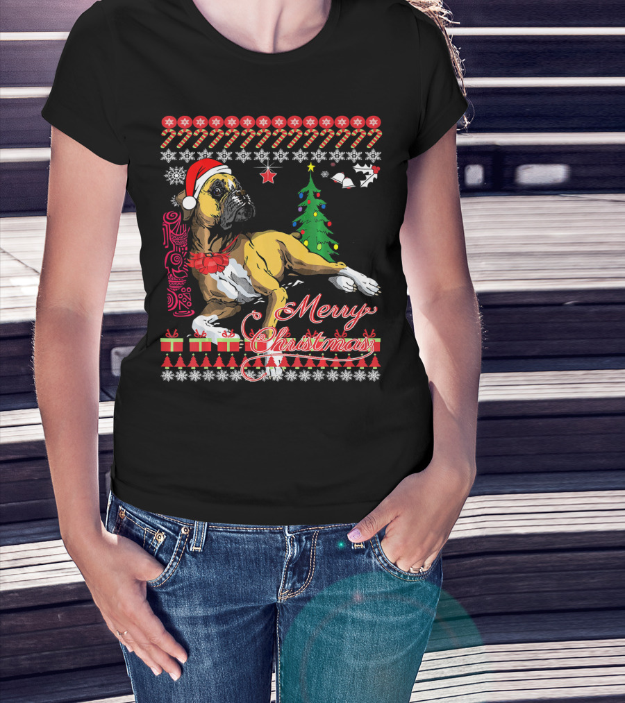 Merry Christmas Boxer Dogs Ugly Sweater Holiday T-Shirt