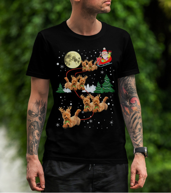 Funny Reindeer Dogs With Santa Sleigh Under Full Moon T-Shirt