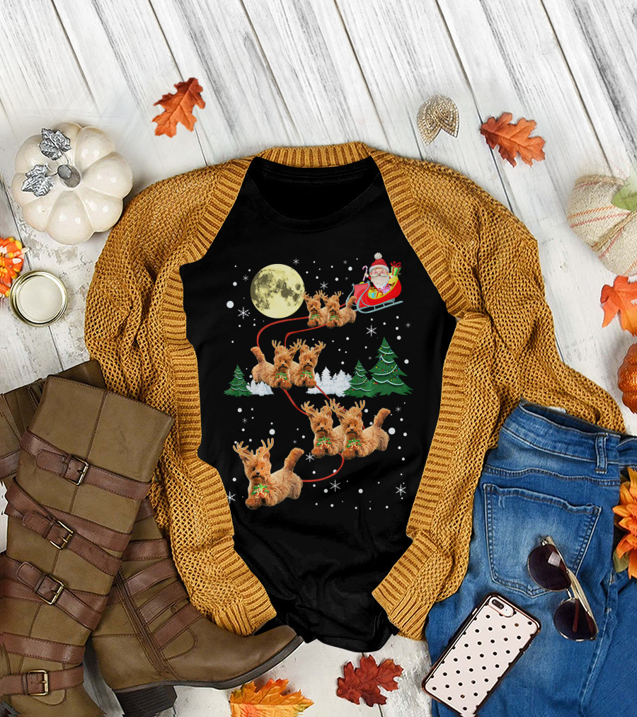Funny Reindeer Dogs with Santa Sleigh under Full Moon T-Shirt