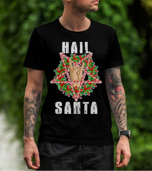 Hail Santa Candy Cane Wreath Hand Sign T-Shirt