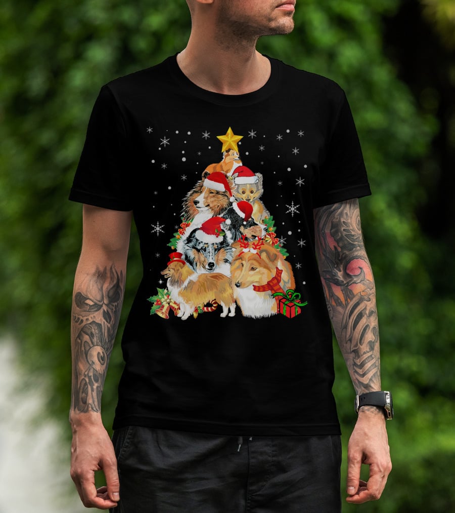 Sheltie Dogs In Santa Hats Forming Christmas Tree With Stars And Gifts T-Shirt